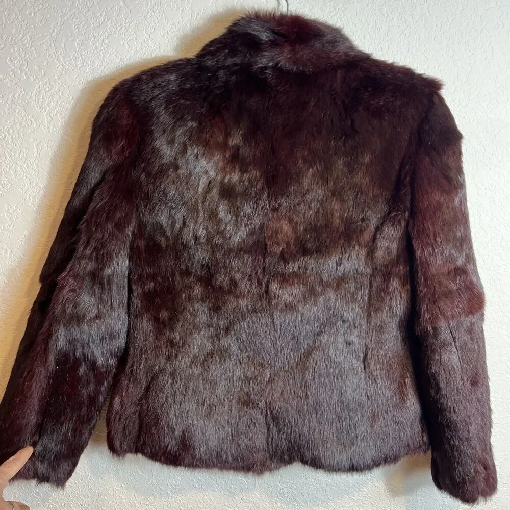 Vintage Women’s Dyed Burgundy Maroon Wine Rabbit Fur Coat Jacket Medium - Picture 2 of 11